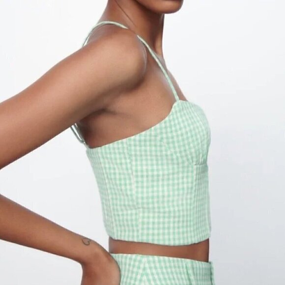 Zara Gingham Corset Bustier Top M Plaid Hook Spring Summer Blogger Fav Mint Trip - Picture 10 of 12